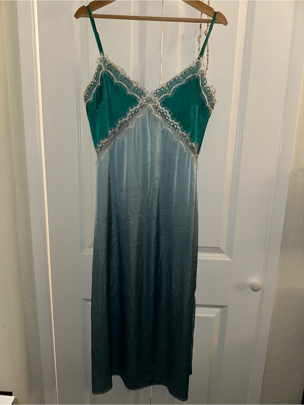 12th Tribe Teal and blue Ombre Lace-Trim Midi Slip Dress